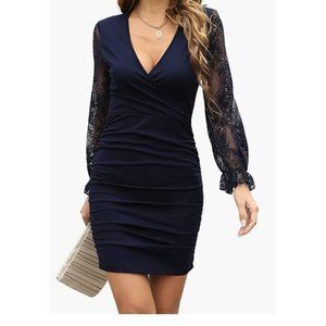 lashbair Women's Lace Long Sleeve Dress V-Neck Tight Folds Cocktail Dress MEDIUM